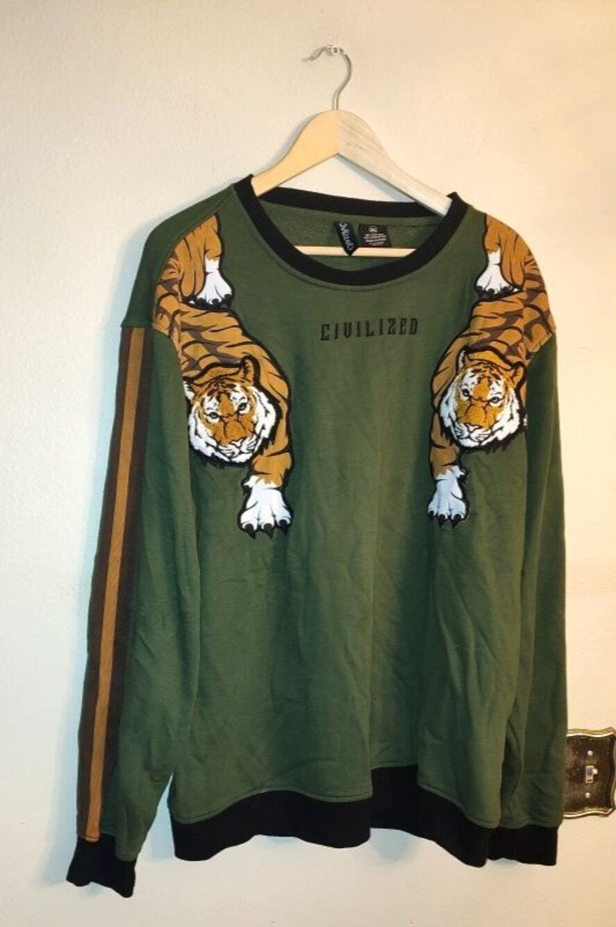 Men's Civilized Army Green Sweatshirt with Big Embroidered Tigers Sz 3XL See dis